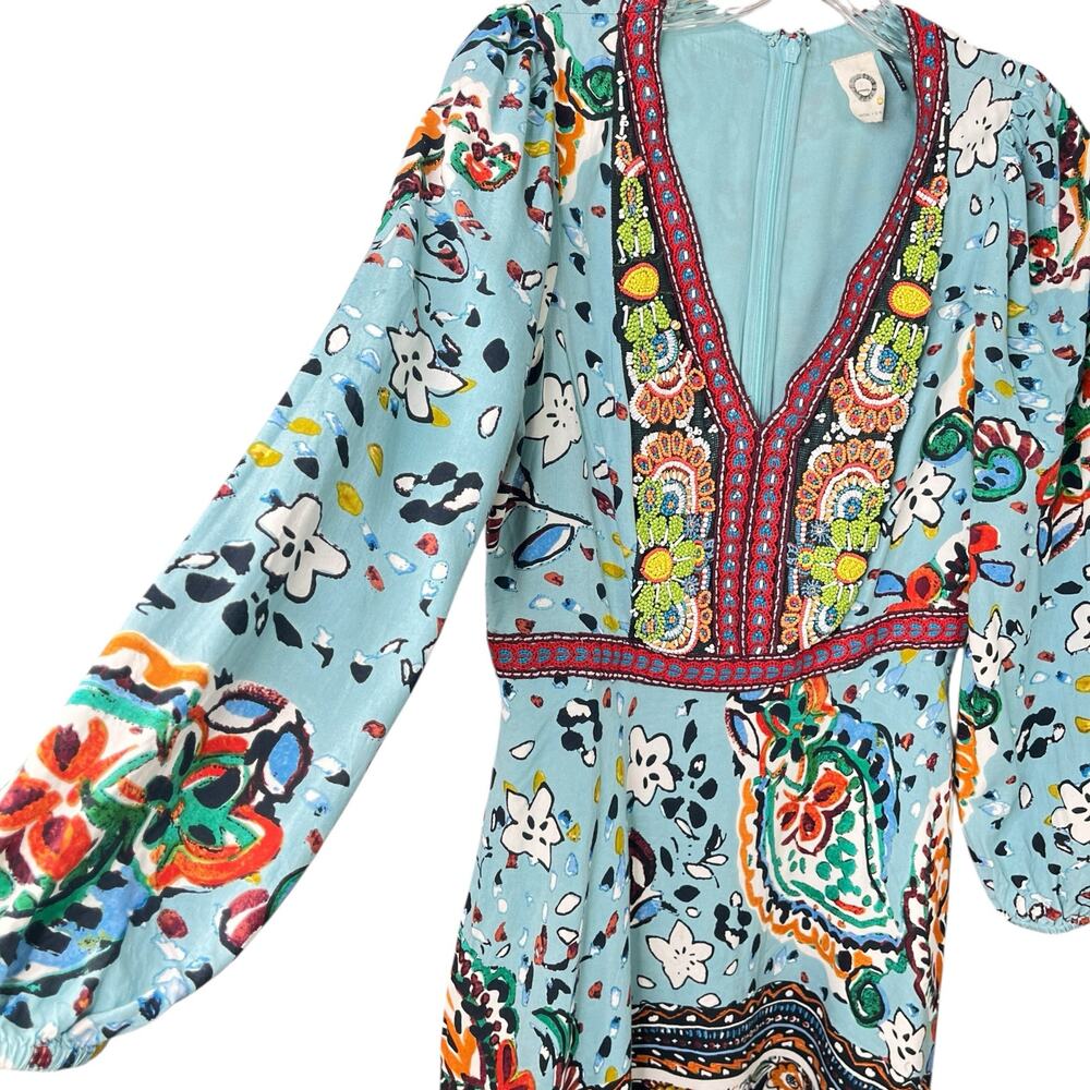 Akemi+ Kin Anthropologie Blue Fit & Flare Boho Beaded V-Neck Dress Womens SZ 8 - Picture 8 of 16